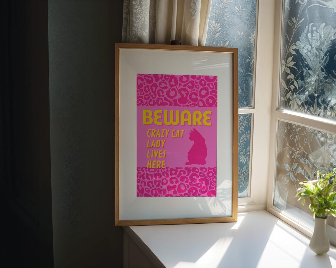 Beware Crazy Cat Lady Lives Here Bold Hot Pink Leopard Poster - Image 4