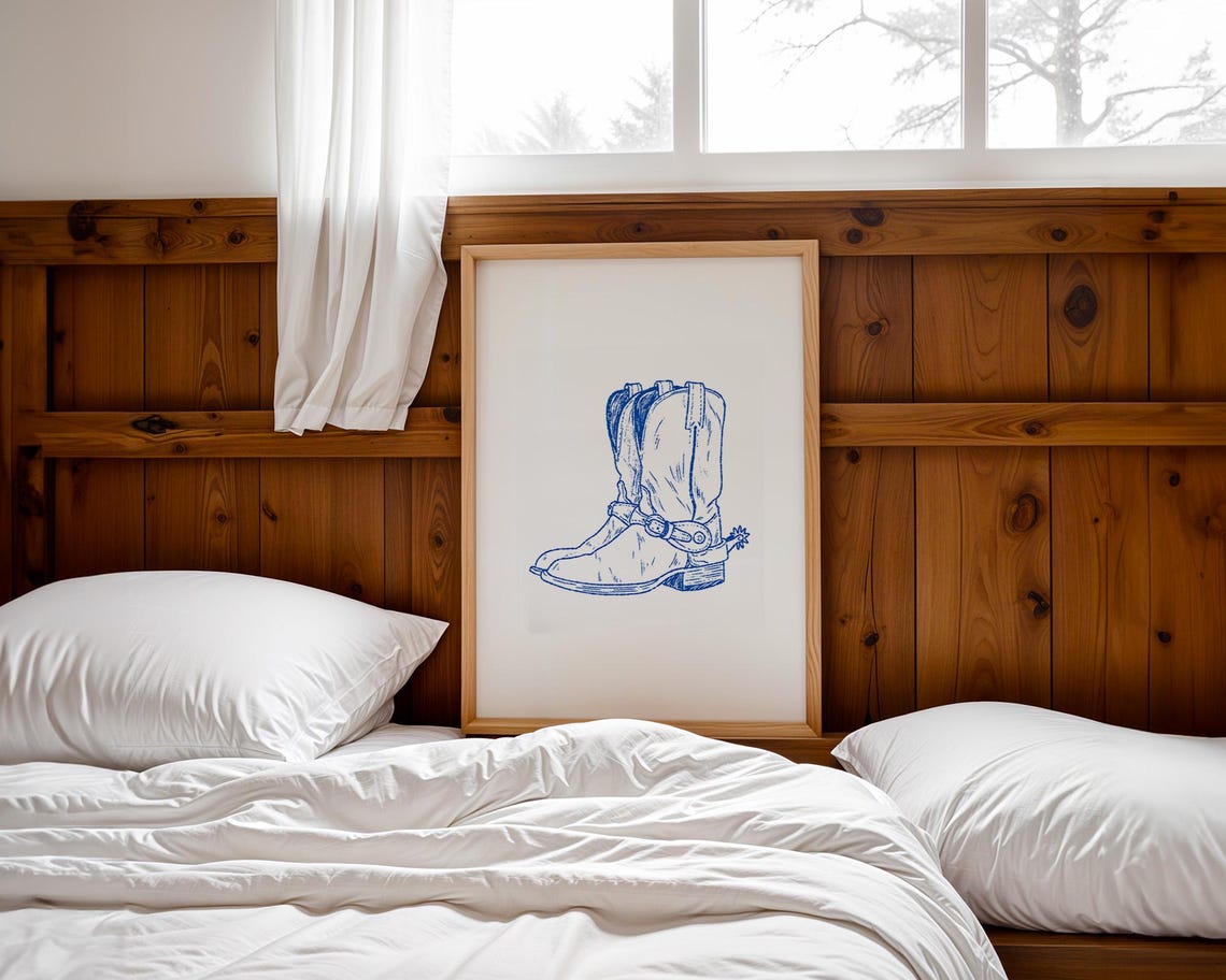 Blue Line Art Cowboy Boot with Spur Classic Western Decor Poster - Image 3
