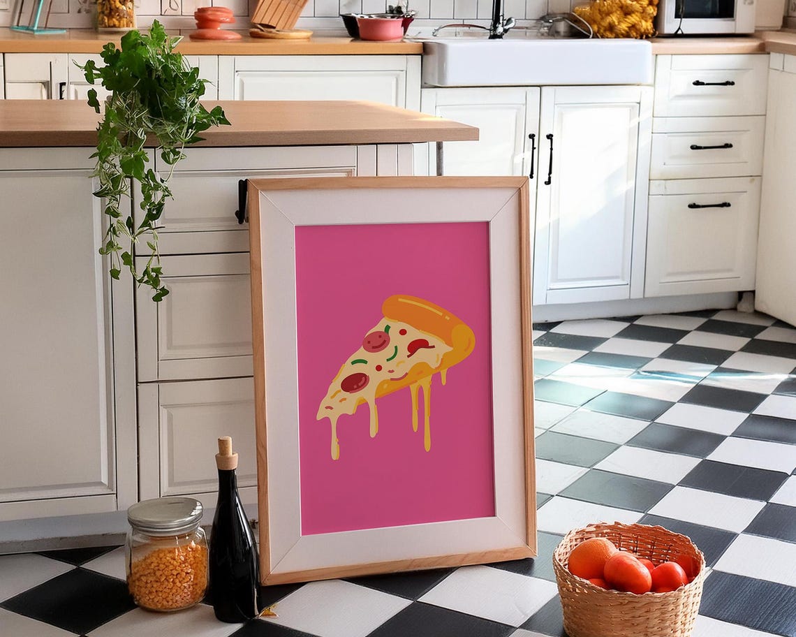 Dripping Cheese Pizza Slice Illustration Hot Pink Kitchen Poster - Image 3