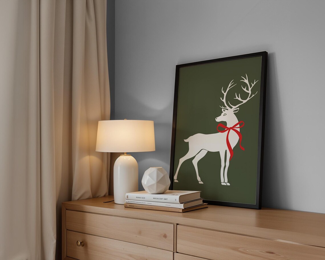 Elegant White Reindeer with Red Bow on Dark Olive Green Poster - Image 3