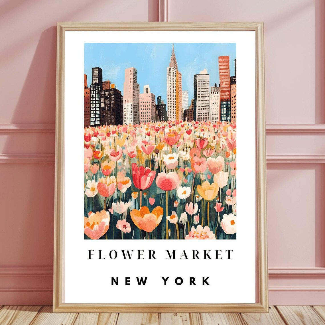 New York Skyline Tulip Field Flower Market Travel Art Poster