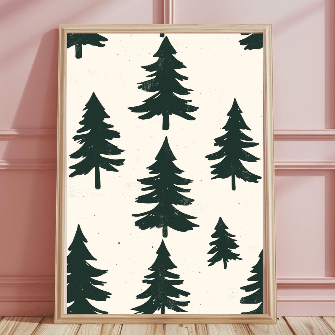 Dark Green Pine Silhouette Repeat Pattern Cream Holiday Poster