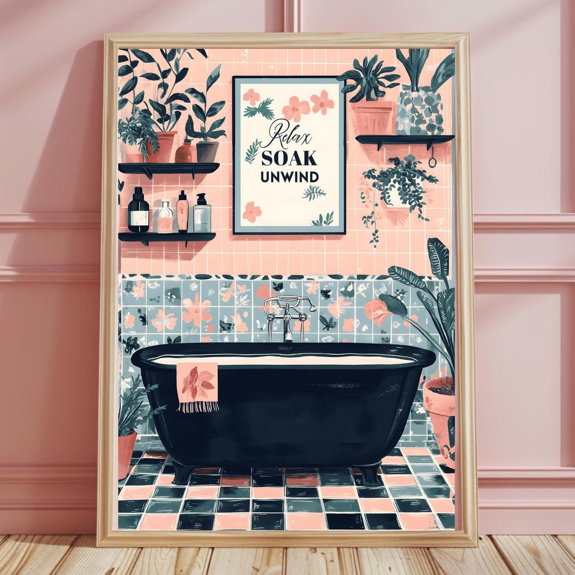 Relax Soak Unwind Pink Tile Bathroom Black Tub Botanical Poster