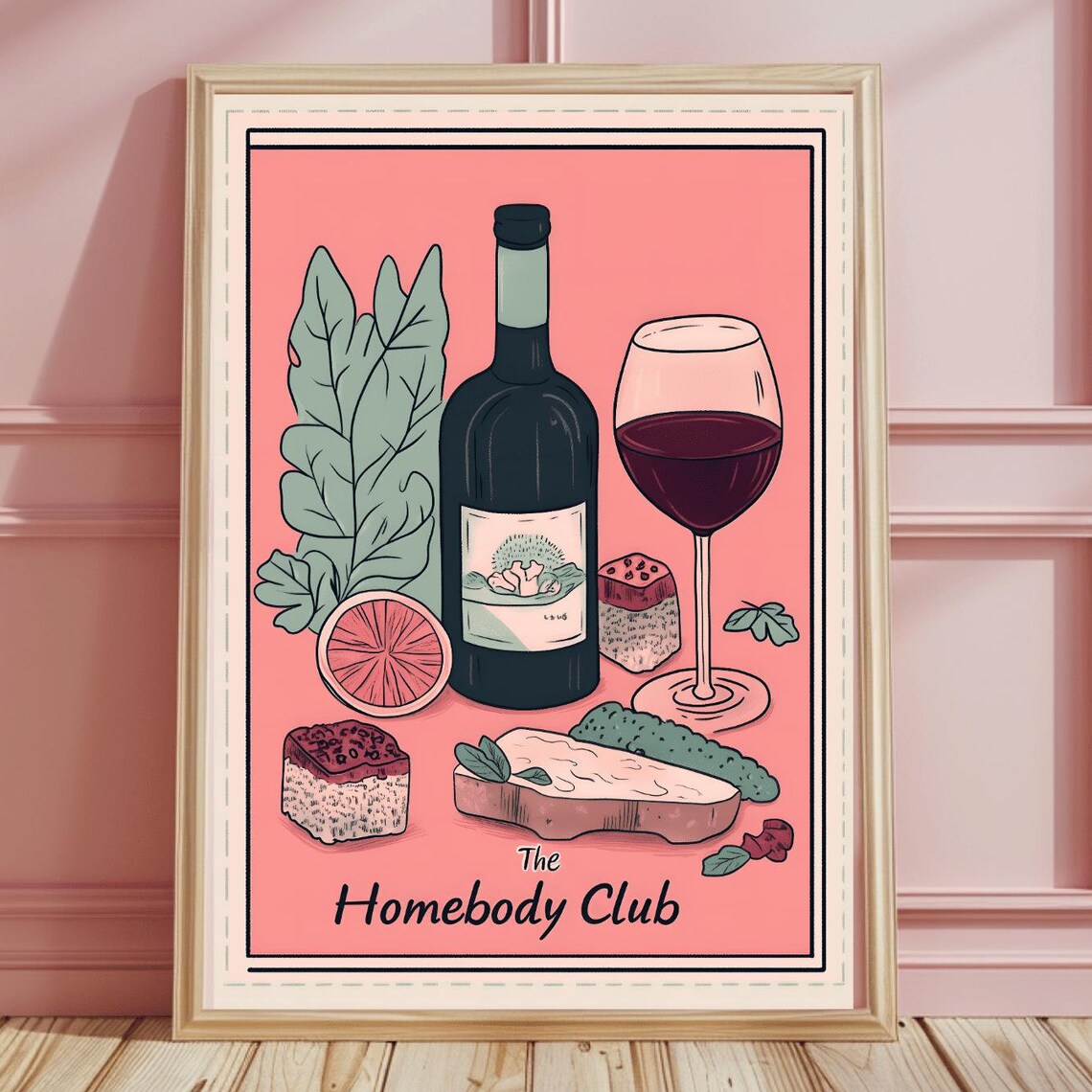 The Homebody Club Wine Cheese Illustration Coral Kitchen Art Poster