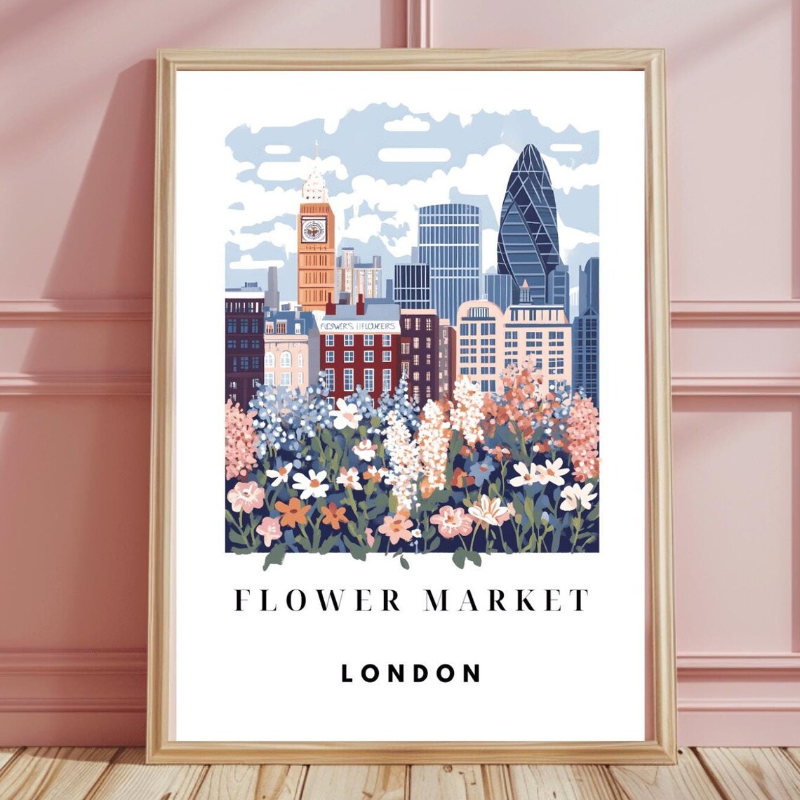 London Flower Market Big Ben Gherkin Skyline Wildflower Poster