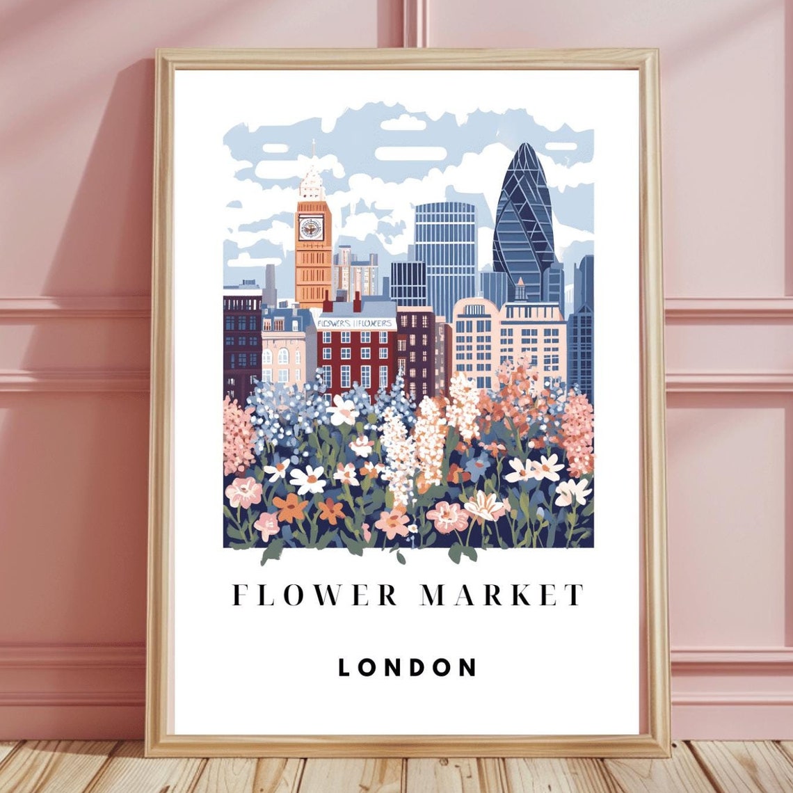 London Flower Market Print Custom City Travel Prints London Poster Wildflower Landmark Retro Travel Poster Homedecor