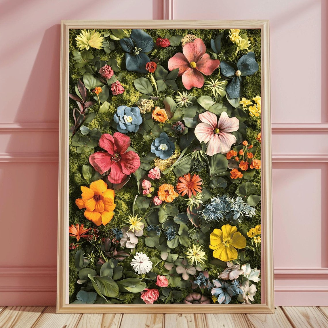 Maximalist Rainbow Wildflowers on Green Moss Garden Wall Poster