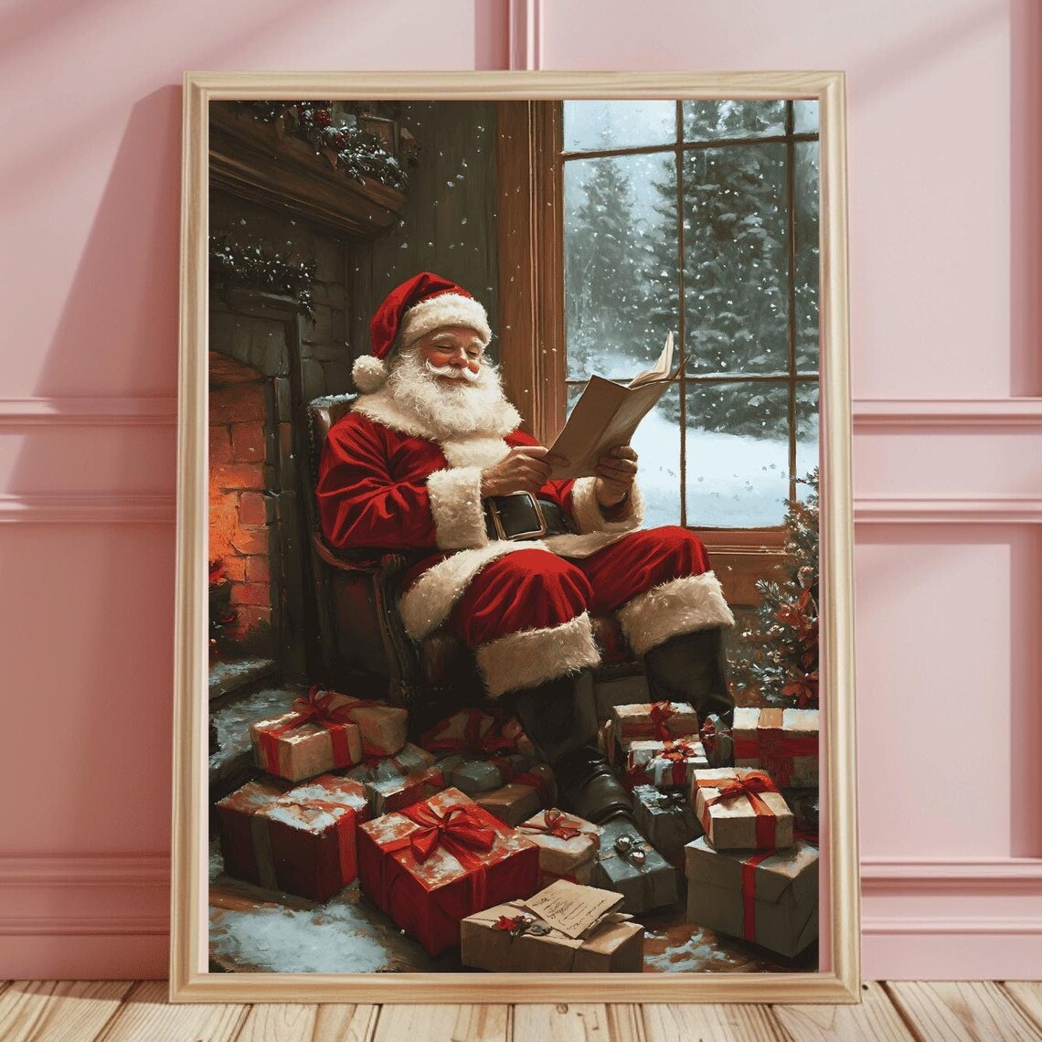 Cozy Vintage Santa Reading by the Fireplace with Gifts Art Print