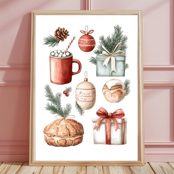 Watercolor Christmas Icons Cozy Cocoa Mug Gifts Ornaments Poster