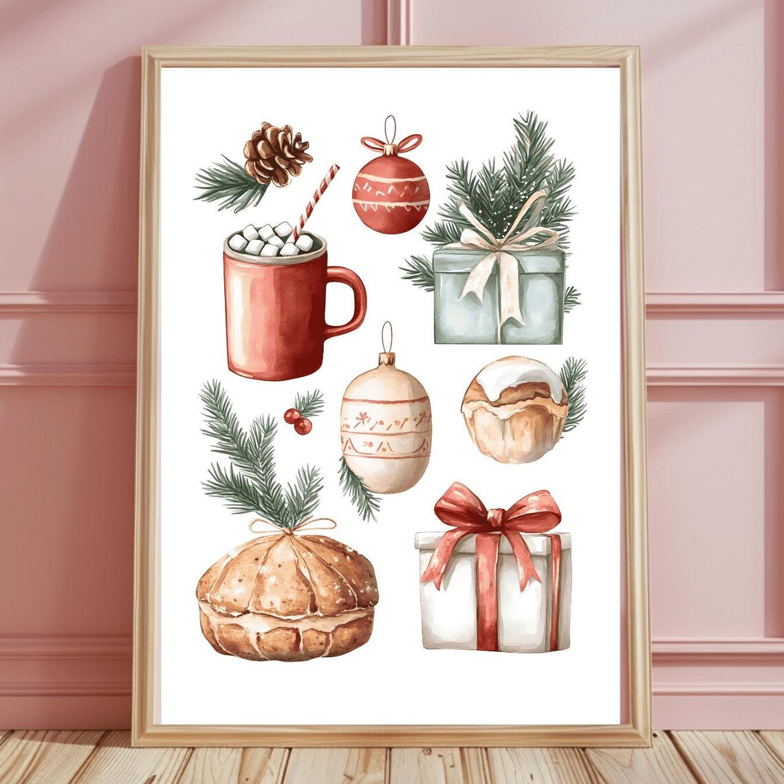 Watercolor Christmas Icons Cozy Cocoa Mug Gifts Ornaments Poster