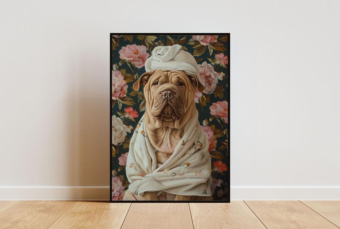 Chinese Shar Pei In Bathrobe Bathroom Dog Art Print
