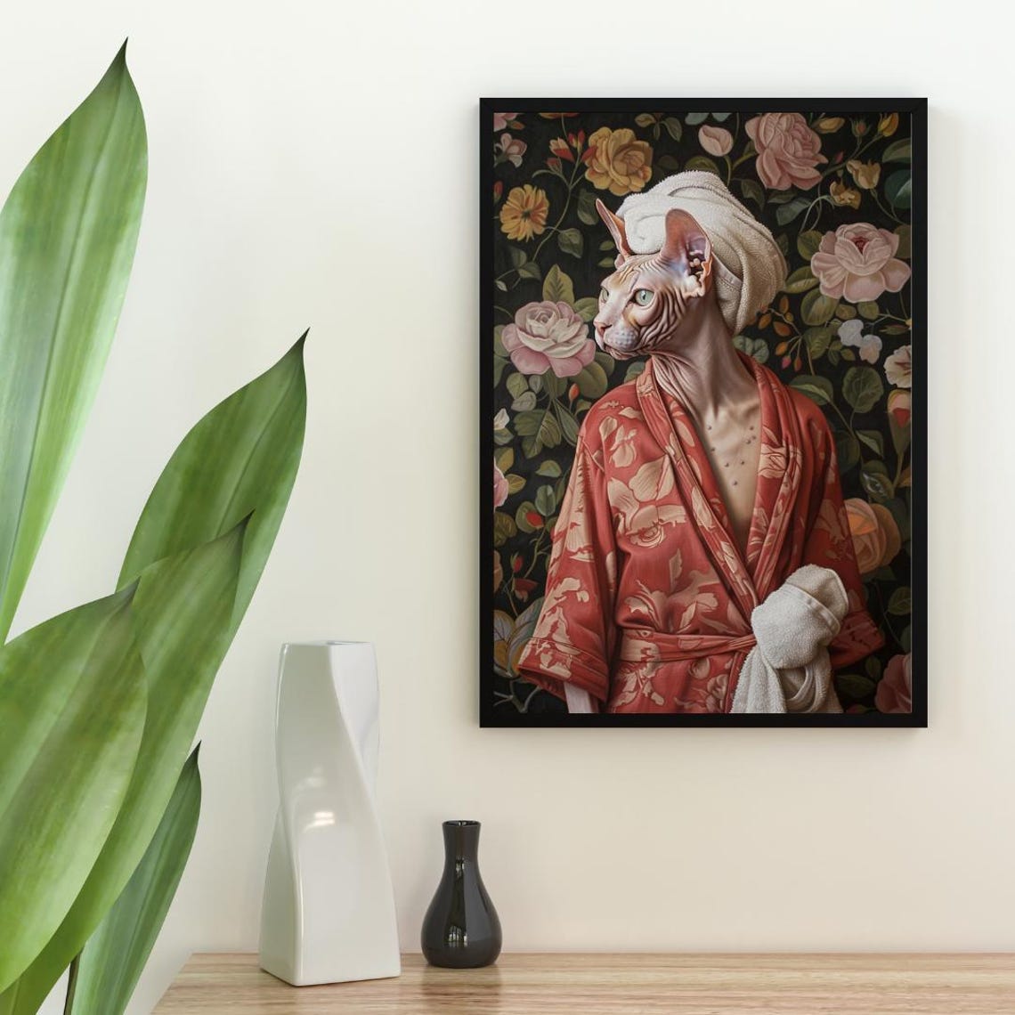Sphynx In Red Bathrobe Spa Day Portrait Funny Hairless Cat Poster - Image 2
