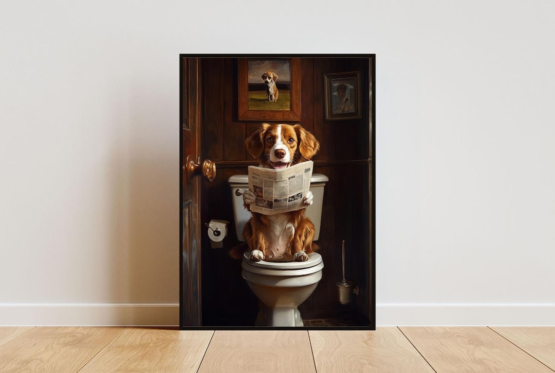 Brittany Spaniel On Toilet Poster Dog Poster Brittany Bathroom Print Dog Toilet Wall Art Brittany Portrait Dog Bathroom Poster Dog
