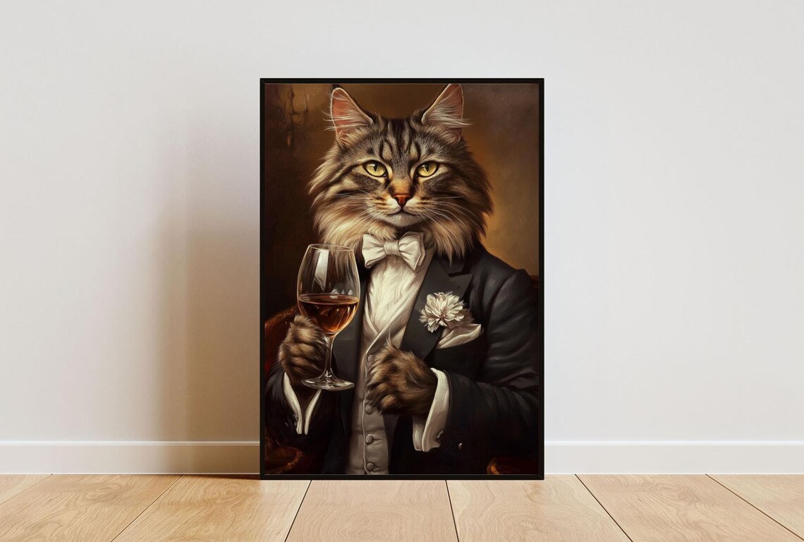 Norwegian Forest Cat In Tuxedo Holding Wine Glass Longhair Portrait Poster