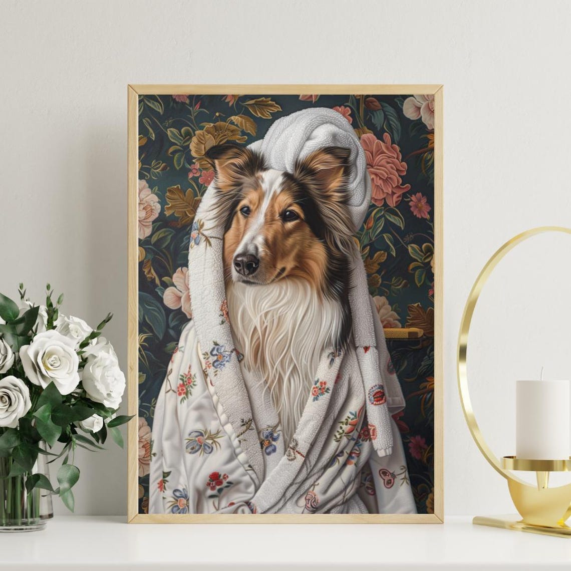 Collie In Bathrobe Spa Day Portrait Funny Fluffy Dog Wall Poster - Image 3