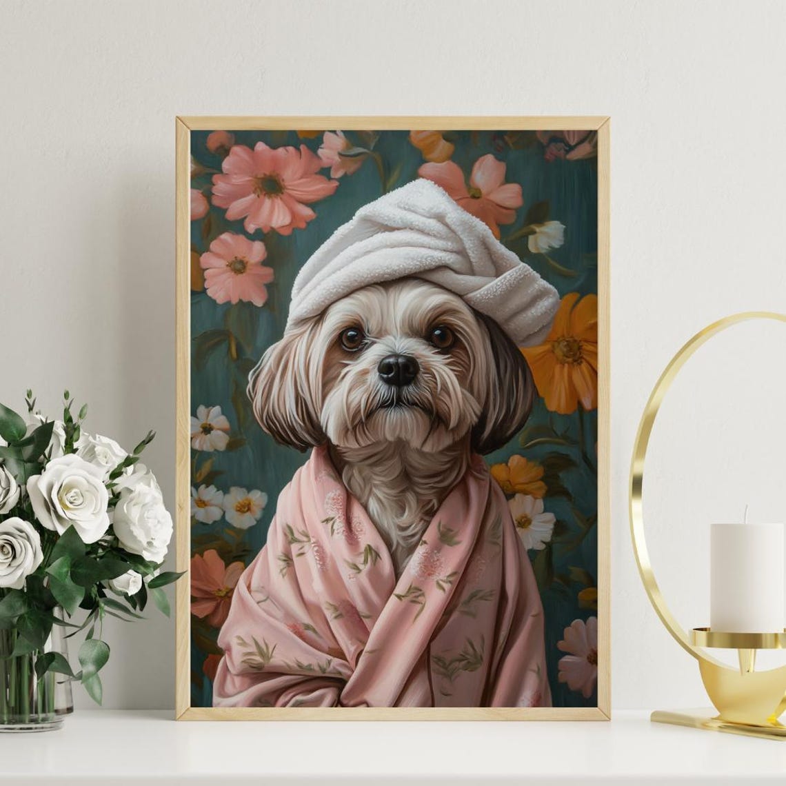 Lhasa Apso In Pink Floral Bathrobe With Towel Turban Animal Poster - Image 3