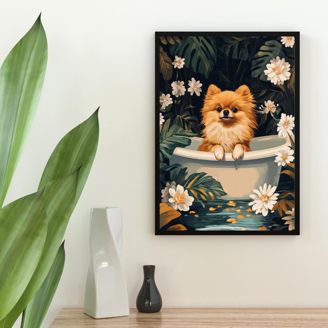 Pomeranian in Bathtub Tropical Flower Funny Dog Bathroom Poster - Image 2