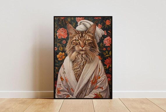 Adorable Maine Coon Cat in Bathrobe Fun Bathroom Spa Day Art Poster