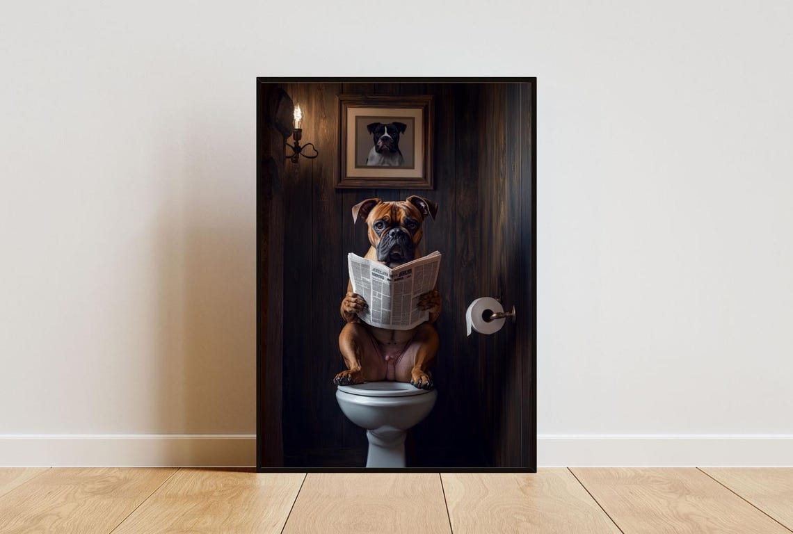 Boxer On Toilet Poster Dog Poster Boxer Bathroom Print Dog Toilet Wall Art Boxer Portrait Dog Bathroom Poster Boxer Dog Toilet Print