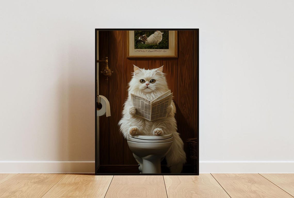 Persian On Toilet Poster Cat Poster Persian Bathroom Print Cat Toilet Wall Art Persian Portrait Cat Bathroom Poster Cat Toilet Print
