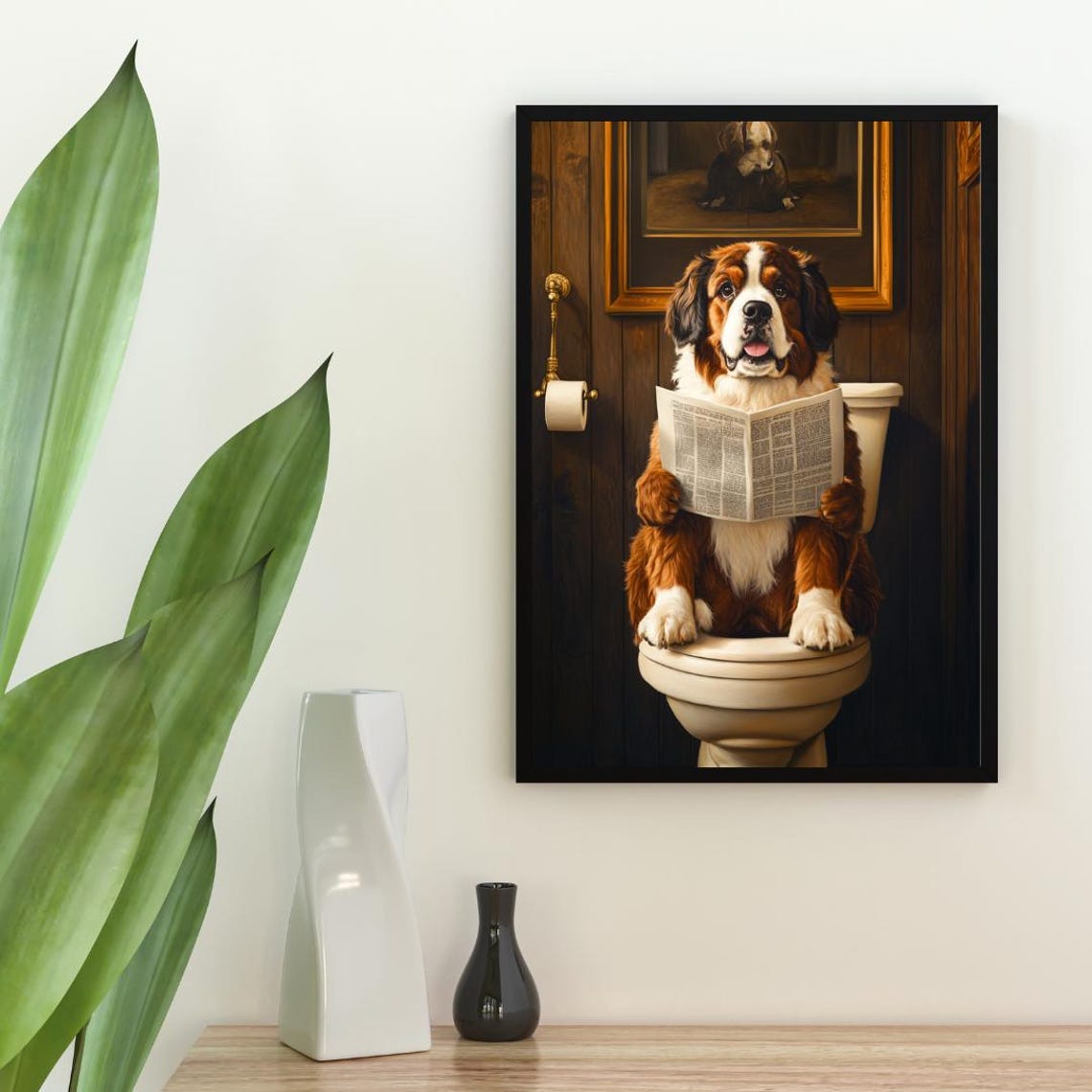 Saint Bernard On Toilet Reading Newspaper Funny Bathroom Poster - Image 2