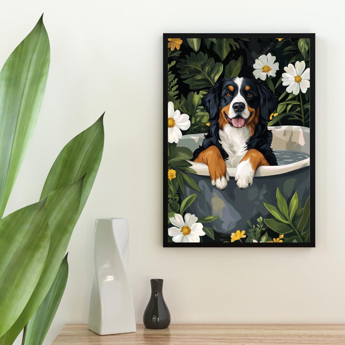 Bernese Mountain Dog Bathtub Botanical Floral Bathroom Dog Poster - Image 2