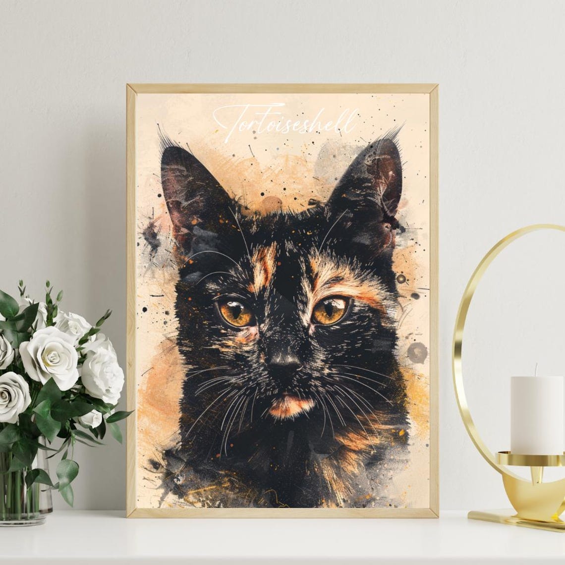Tortoiseshell Cat Watercolor Portrait Elegant Fine Art Poster - Image 3