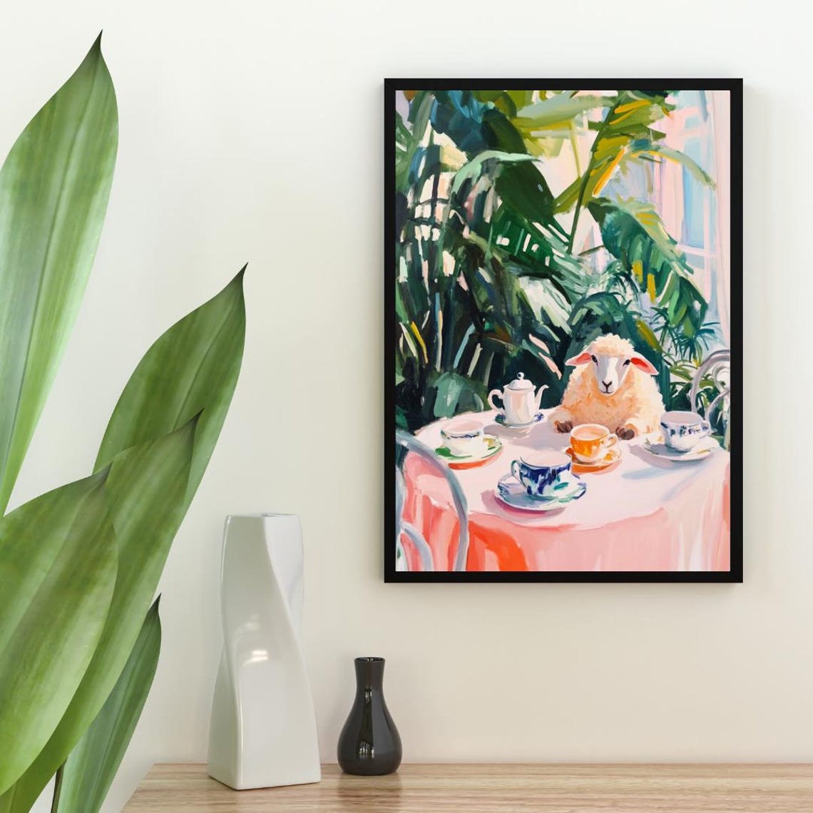 Sheep at Tea Table Whimsical Farm Animal Painting Portrait Poster - Image 2