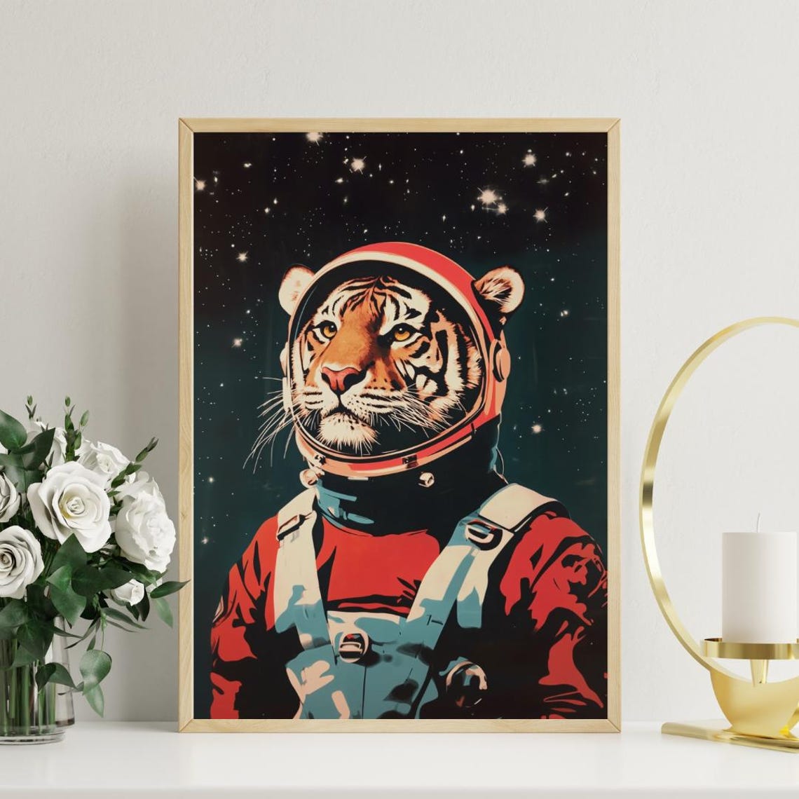 Tiger Astronaut Vintage Retro Starry Space Portrait Poster Art - Image 3