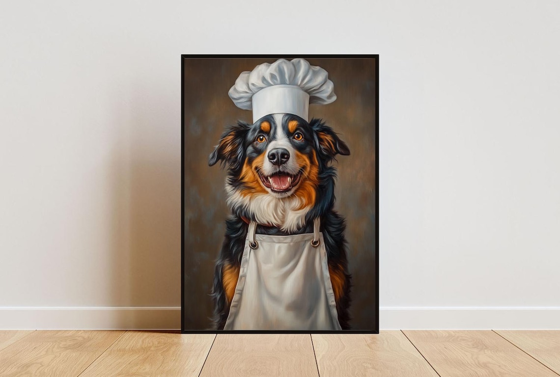 Australian Shepherd in Chef's Hat, Dog Kitchen Poster