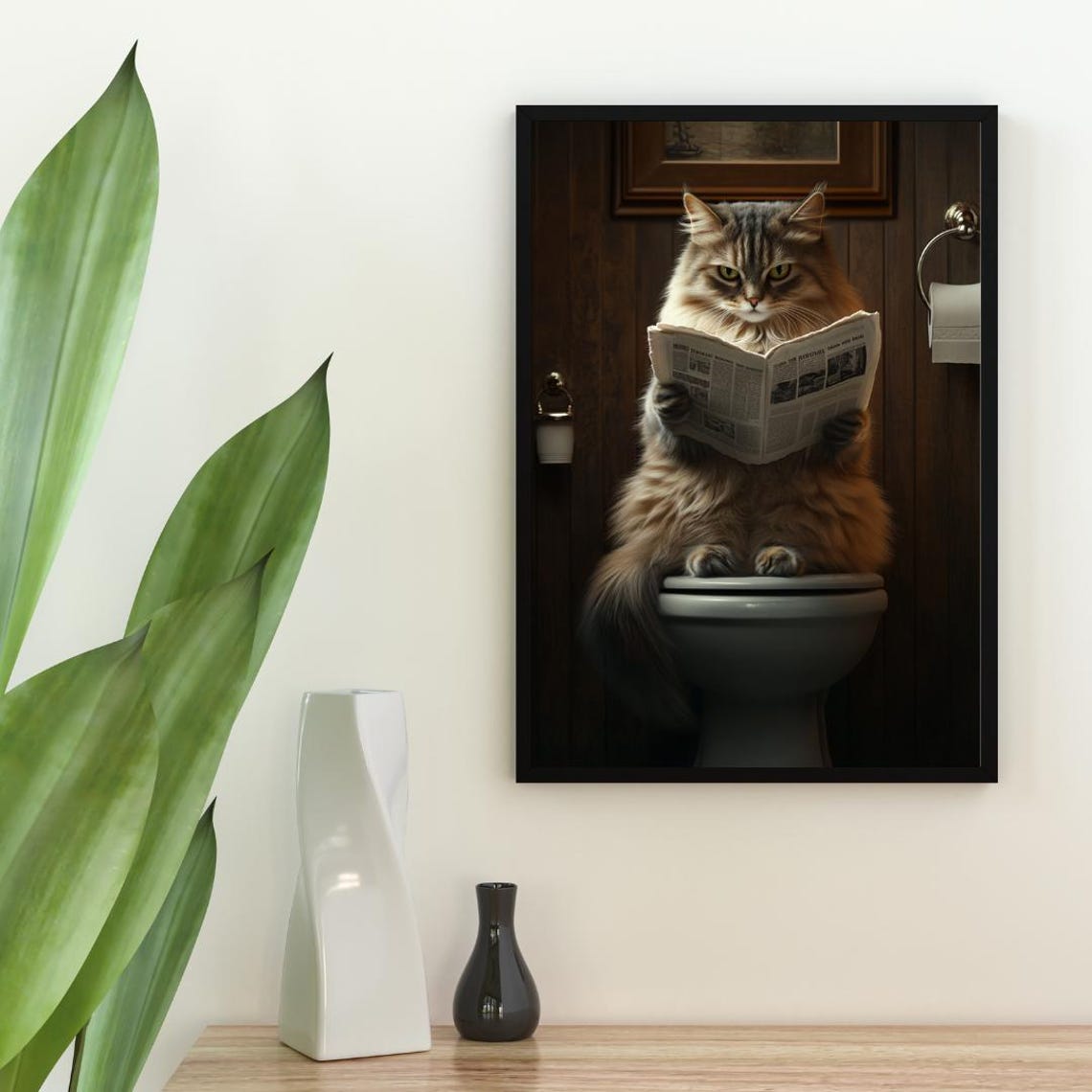 Siberian Cat on a Toilet Reading a Newspaper in a Bathroom Poster - Image 2