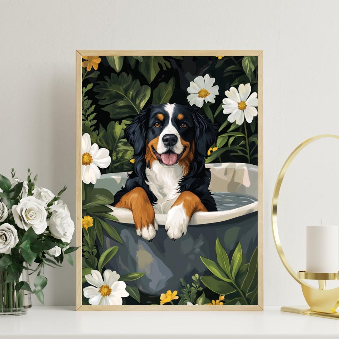 Bernese Mountain Dog Bathtub Botanical Floral Bathroom Dog Poster - Image 3