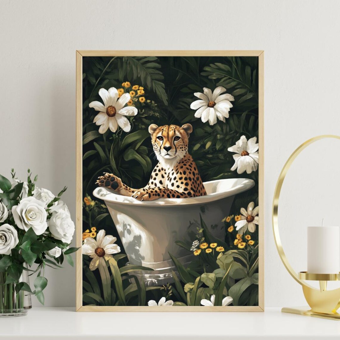 Cheetah in Bathtub Jungle Flowers Funny Animal Bathroom Art Poster - Image 3