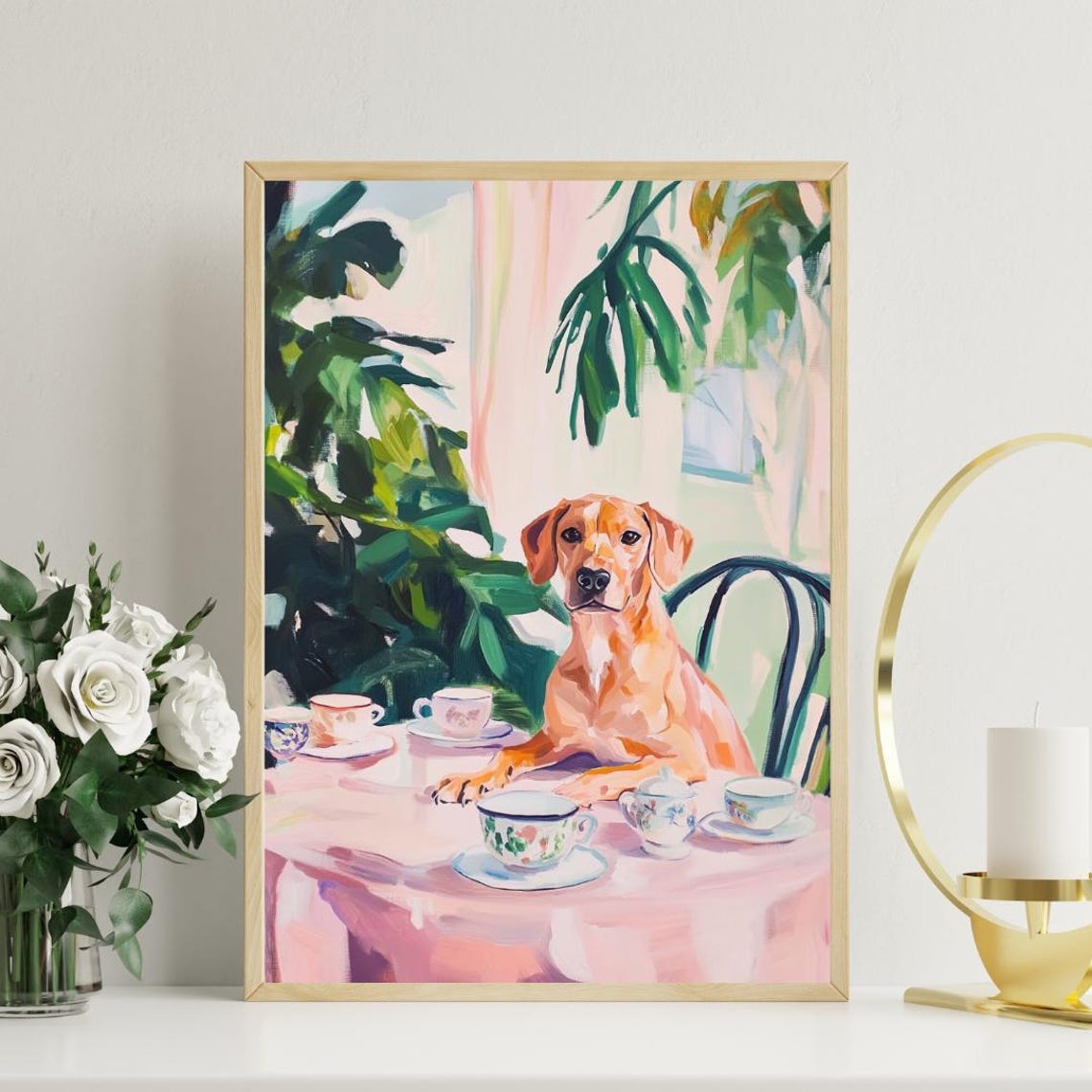 Rhodesian Ridgeback Dog Garden Tea Party Pastel Painting Poster - Image 3