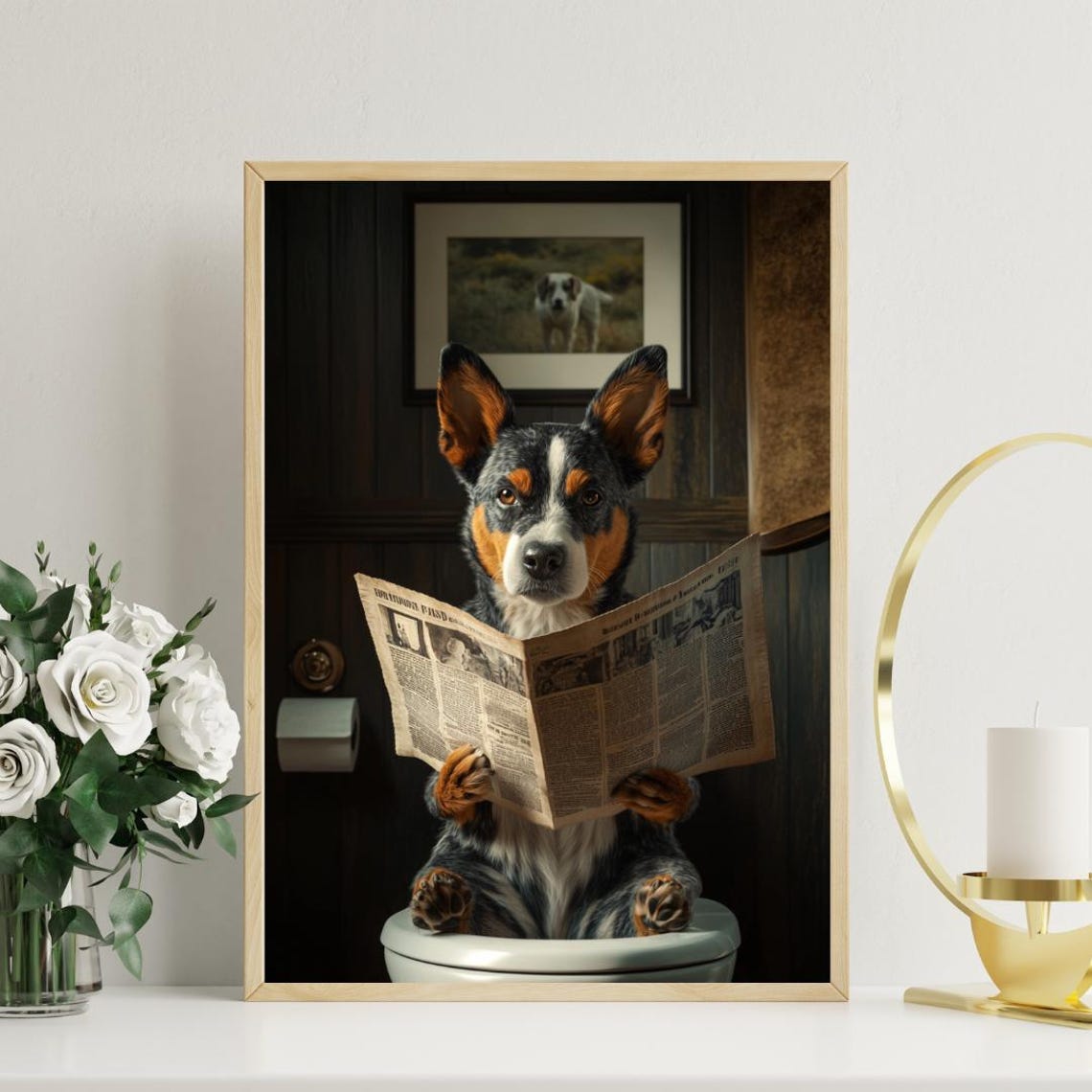 Australian Cattle Dog On Toilet Reading Newspaper Bathroom Poster - Image 3