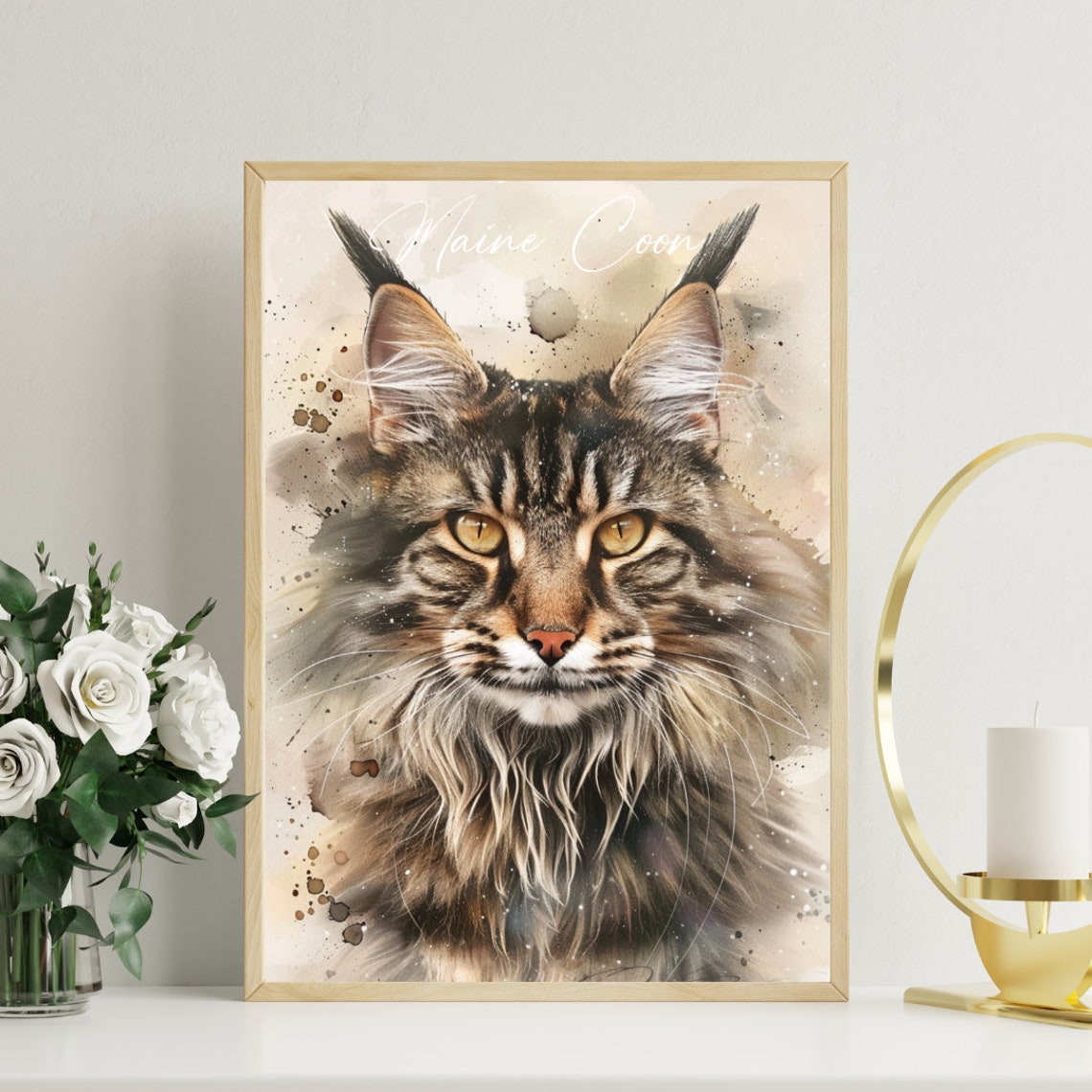 Maine Coon Cat Watercolor Portrait Golden Eyes Fine Art Poster - Image 3