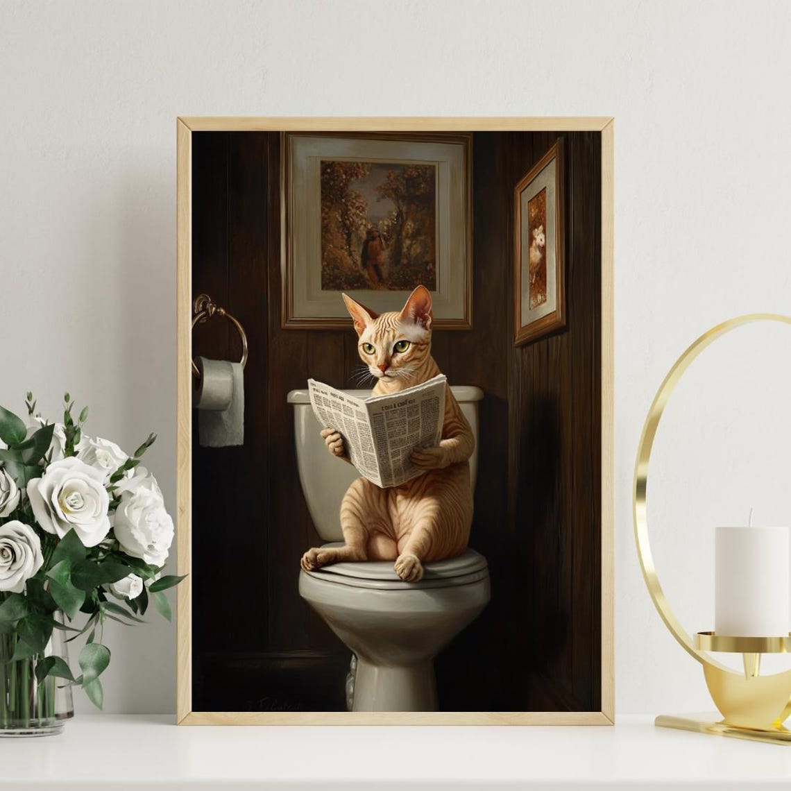 Oriental Shorthair Cat on a Toilet Reading a Newspaper Poster - Image 3