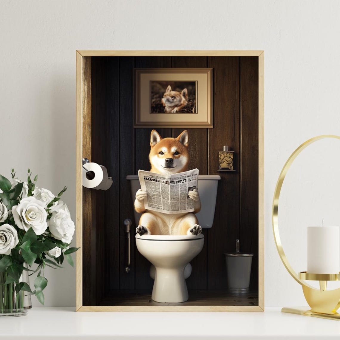 Akita On Toilet Dog Bathroom Art Print - Image 3