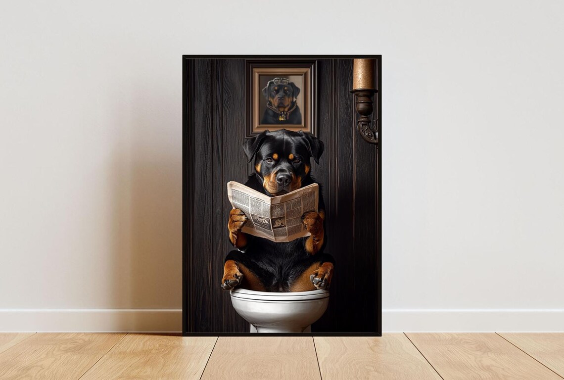 Rottweiler On Toilet Bathroom Dog Art Print