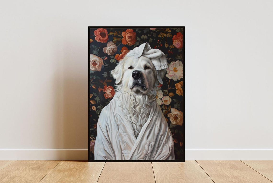 Great Pyrenees In Bathrobe Spa Day Portrait Funny White Dog Poster