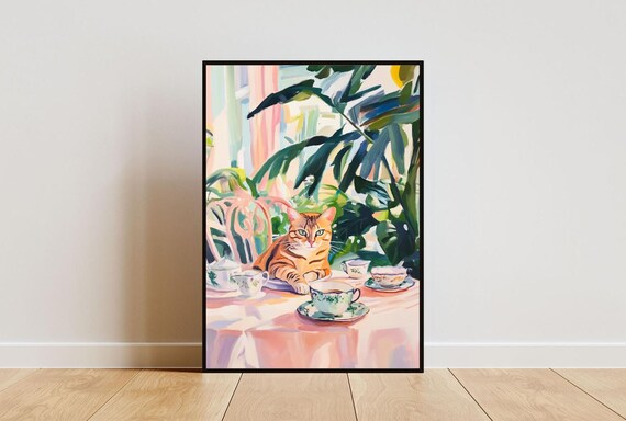 Bengal Cat Tea Party Tropical Oil Painting Colorful Vintage Poster