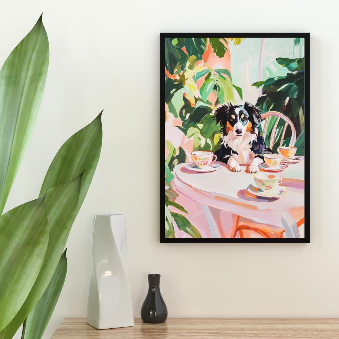 Australian Shepherd Dog Garden Tea Party Pastel Painting Poster - Image 2
