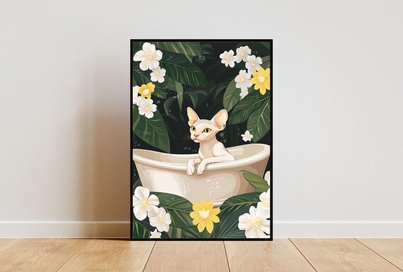Sphynx Cat in Bathtub Botanical Bathroom Poster Funny Quirky Room Decor