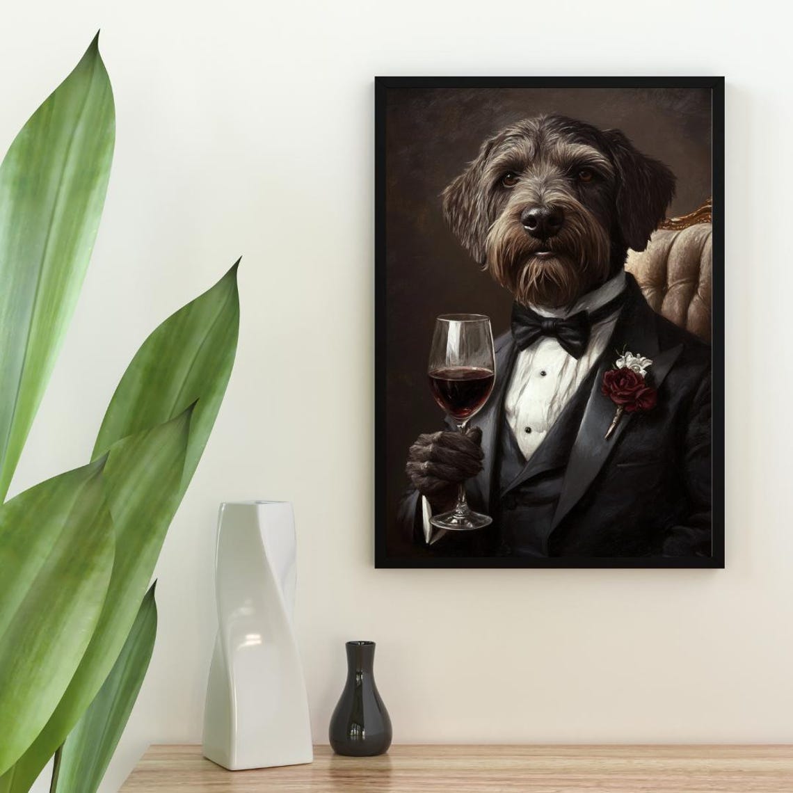 Wirehaired Pointing Griffon In Tuxedo Holding Red Wine Portrait Poster - Image 2