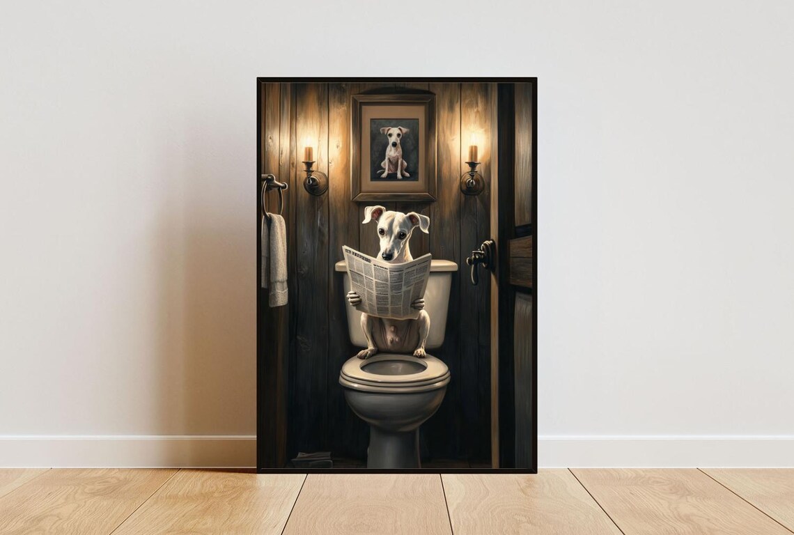 Italian Greyhound On Toilet Poster, Bathroom Wall Art