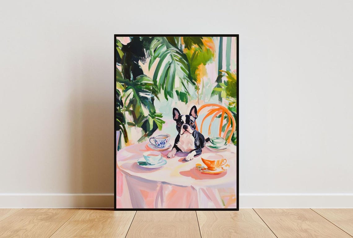 Boston Terrier Dog Garden Tea Party Pastel Painting Style Poster