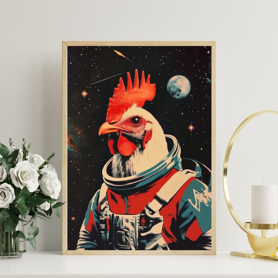 Chicken Astronaut Retro Space Poster, Vintage Portrait - Image 3