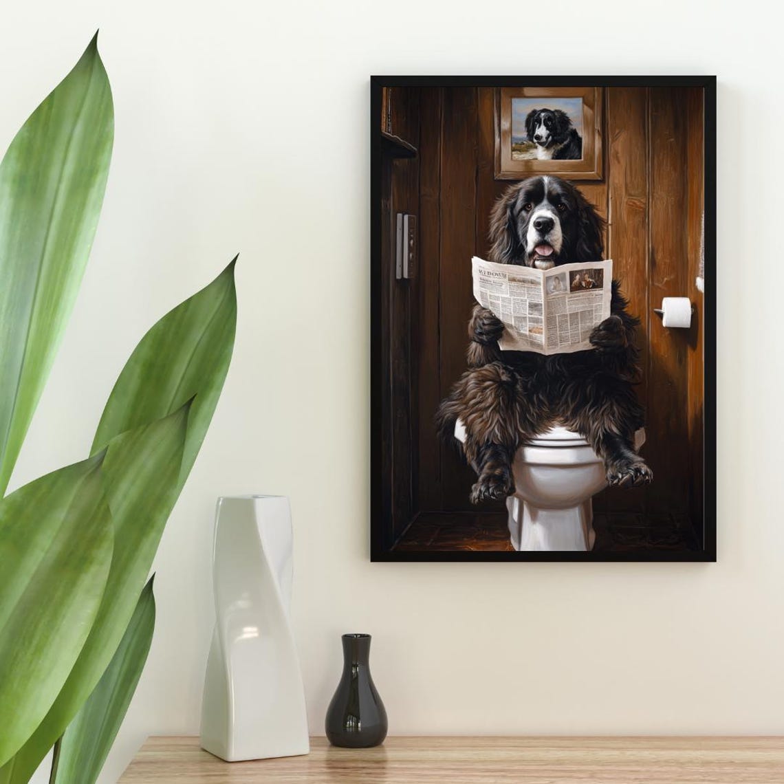 Newfoundland On Toilet Poster Dog Poster Newfoundland Bathroom Print Dog Toilet Wall Art Newfoundland Portrait Dog Bathroom Poster - Image 2