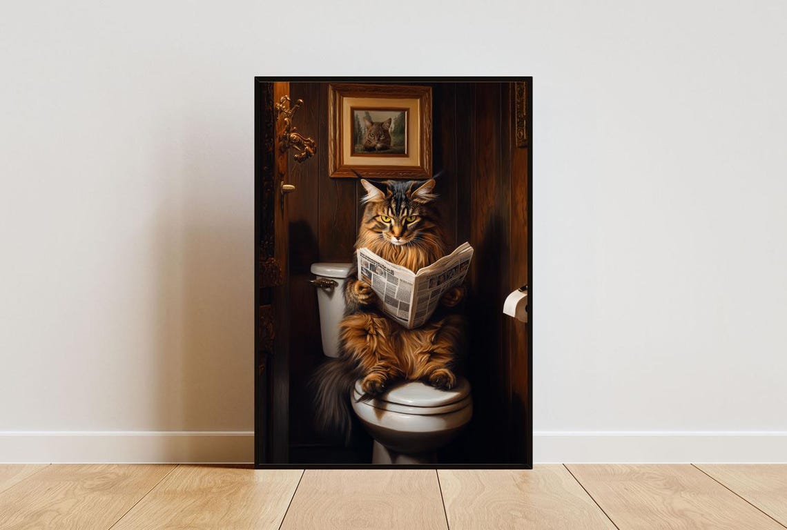 Maine Coon On Toilet Poster Cat Poster Maine Coon Bathroom Print Cat Toilet Wall Art Maine Coon Portrait Cat Bathroom Poster Cat Print