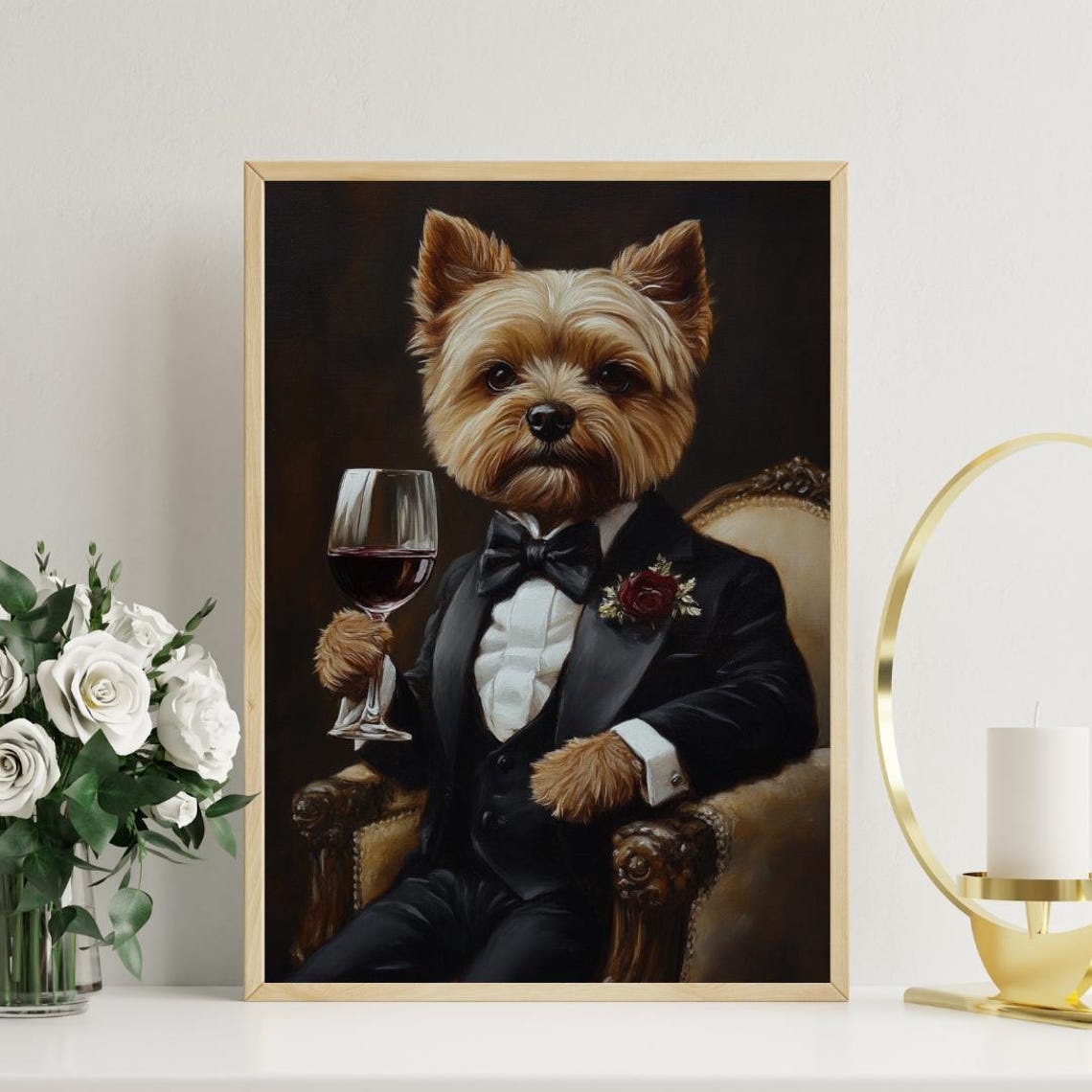 Biewer Terrier In Tuxedo Holding Red Wine Glass Dog Portrait Poster - Image 3